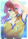  1boy absurdres arm_up blue_eyes collared_shirt hair_between_eyes highres inazuma_eleven_(series) inazuma_eleven_go kirino_ranmaru low_twintails male_focus misuka_sumin open_mouth pink_hair shirt short_sleeves sketch solo twintails upper_body yellow_shirt 