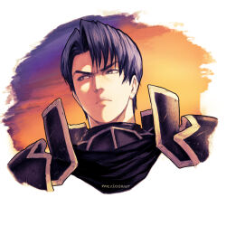  1boy armor artist_name black_armor blue_hair commentary cropped_shoulders dark_blue_hair english_commentary fire_emblem fire_emblem:_radiant_dawn male_focus meziosaur portrait procreate_(medium) short_hair solo spoilers zelgius_(fire_emblem) 