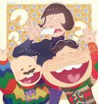  3boys =_= ? bald black_sweater brown_hair buck_teeth dayoon dekapan facial_hair fat frown heart heart_in_mouth iyami male_focus multicolored_sweater multiple_boys mustache old old_man osomatsu-san sanpaku show_chiku-by smile sweater teeth touching_mustache turtleneck ugly_sweater 