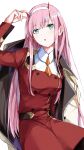  1girl :o absurdres arm_up belt black_belt blunt_bangs breasts coat commentary cowboy_shot darling_in_the_franxx eyelashes eyes_visible_through_hair fingernails green_eyes head_tilt highres horns large_breasts light_blush long_hair long_sleeves looking_up open_mouth pink_hair red_coat shirt sidelocks simple_background sitting solo straight_hair upturned_eyes very_long_hair white_background white_shirt yanagi_marie zero_two_(darling_in_the_franxx) 