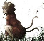  1girl ahoge animal_ear_fluff animal_ears barefoot bright_pupils brown_eyes brown_hair cat_ears cat_tail chen closed_mouth commentary_request denpa_rasaito full_body grass hair_between_eyes highres long_bangs long_sleeves looking_at_viewer looking_to_the_side multiple_tails one-hour_drawing_challenge profile red_shirt red_skirt shirt short_hair skirt smile solo squatting tail touhou two_tails white_background white_pupils 