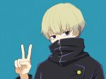  1boy black_jacket blonde_hair blue_background covered_mouth fingernails hair_between_eyes inumaki_toge jacket jujutsu_kaisen long_sleeves looking_at_viewer male_focus popo_88 short_hair simple_background solo upper_body v violet_eyes zipper_pull_tab 