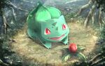  animal_focus bright_pupils bulbasaur claws crudefish dappled_sunlight fangs flower forest nature no_humans nostrils open_mouth pink_flower pokemon pokemon_(creature) red_eyes roots solo sunlight white_pupils 