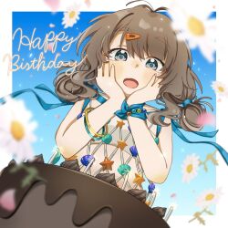  1girl :d birthday_cake blue_background blue_bow blue_eyes blurry blurry_foreground blush border bow bracelet brown_hair bunkei_megane cake chocolate_cake cowboy_shot daisy dutch_angle fishnet_dress flower food gradient_background hair_ornament hairclip hands_on_own_cheeks hands_on_own_face hands_up happy_birthday highres jewelry looking_at_food looking_at_viewer marcus_(on_the_white_sand)_(reverse:1999) marcus_(reverse:1999) medium_hair official_alternate_costume open_mouth outside_border reverse:1999 shell smile solo starfish strapless too_many_flowers tube_top very_low_bun white_border white_flower white_tube_top wrist_bow 