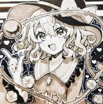  1girl :d bow enokishima flower greyscale hat hat_bow heart highres index_finger_raised komeiji_koishi looking_at_viewer monochrome open_mouth short_hair smile solo third_eye thorns touhou upper_body 