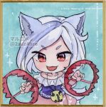  2zuz4hru animal_ears chibi collarbone commentary_request dog_ears dog_tail foothold_trap frilled_shirt frills grey_hair jewelry mitsugashira_enoko multicolored_hair multiple_tails necklace off-shoulder_shirt off_shoulder open_mouth painting_(medium) pink_skirt purple_shirt red_eyes shirt skirt tail touhou traditional_media two-tone_hair unfinished_dream_of_all_living_ghost watercolor_(medium) white_hair 