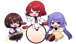  3girls :d ;d ^_^ absurdres barefoot black_skirt blush brown_eyes brown_hair chibi chibi_only closed_eyes collared_dress commentary_request dress drum drumsticks flower frilled_dress frilled_shirt_collar frills full_body hair_flower hair_ornament hairband hand_up highres holding holding_drumsticks horikawa_raiko instrument jacket long_hair long_sleeves multiple_girls necktie one_eye_closed open_clothes open_jacket open_mouth purple_footwear purple_hair purple_hairband red_hair red_necktie shirt short_hair simple_background sitting sitting_on_drum skirt smile staff_(music) taiko_drum touhou tsukumo_benben tsukumo_yatsuhashi violet_eyes white_background white_jacket white_shirt white_skirt yellow_dress you_(noanoamoemoe) 