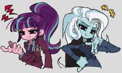  +++ 2girls aqua_hair arm_at_side back-to-back black_cape blue_dress blue_hair blue_skin blue_vest blunt_bangs cape collared_shirt colored_skin cropped_torso dress grey_background grin hand_on_own_chest hand_on_own_hip high_ponytail jacket jwnn layered_sleeves lightning_bolt_symbol long_hair long_sleeves looking_at_viewer multicolored_hair multiple_girls my_little_pony my_little_pony:_equestria_girls my_little_pony:_friendship_is_magic necktie pink_skin ponytail purple_hair purple_necktie red_jacket school_uniform shirt simple_background smile starlight_glimmer starlight_glimmer_(equestria_girls) streaked_hair trixie_lulamoon trixie_lulamoon_(equestria_girls) two-tone_hair v-shaped_eyebrows vest violet_eyes white_hair white_shirt 