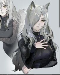  1girl animal_ears art_program_in_frame black_dress cropped_torso dress fabienne_(metaphor:_refantazio) gapamopa grey_background grey_hair hair_over_one_eye hand_on_own_chest highres looking_at_viewer metaphor:_refantazio mole mole_under_eye multiple_views parted_lips watermark yellow_eyes 