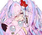  1girl :t blush dated eyelashes facepaint fairy_miku_(project_voltage) flower hair_between_eyes hair_flower hair_ornament hatsune_miku jigglypuff long_hair long_sleeves looking_at_viewer nail_polish one_eye_closed pink_hair pokemon pokemon_(creature) project_voltage red_flower sapphire_(nine) scrunchie signature twintails very_long_hair violet_eyes vocaloid white_flower wrist_scrunchie 