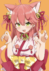  1girl :3 absurdres ahoge animal_ears bell blush bow breasts cat_ears cat_girl cat_tail claw_pose commentary fang flower frilled_kimono frills green_eyes hair_bell hair_between_eyes hair_ornament hairclip hakama hakama_short_skirt hakama_skirt hands_up highres hololive japanese_clothes jingle_bell kakue_gaku kimono long_hair looking_at_viewer medium_breasts nontraditional_miko obi open_mouth orange_background pink_hair pink_nails red_hakama red_ribbon ribbon sakura_miko sakura_miko_(1st_costume) sash simple_background skirt sleeveless sleeveless_kimono smile solo tail twitter_username two_side_up v-shaped_eyebrows virtual_youtuber whiskers white_kimono x_hair_ornament yellow_bow yellow_sash 