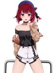  1girl absurdres arima_kana beret black_shirt blue_headwear bob_cut hat hat_ribbon heart highres inverted_bob jacket looking_at_viewer open_clothes open_jacket open_mouth oshi_no_ko qq1645228643 red_eyes redhead ribbon shirt short_hair shorts simple_background smile solo v white_background white_shorts 