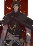  1boy belt black_cape black_hair cape closed_mouth collared_shirt cowboy_shot fate/grand_order fate_(series) frown haruakira highres hijikata_toshizou_(fate) long_hair looking_at_viewer male_focus red_eyes sheath shirt short_hair solo split_mouth white_belt 