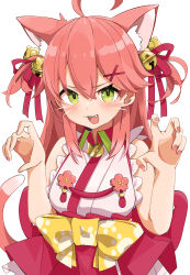 1girl :3 absurdres ahoge animal_ears bell blush bow breasts cat_ears cat_girl cat_tail claw_pose commentary fang flower frilled_kimono frills green_eyes hair_bell hair_between_eyes hair_ornament hairclip hakama hakama_short_skirt hakama_skirt hands_up highres hololive japanese_clothes jingle_bell kakue_gaku kimono long_hair looking_at_viewer medium_breasts nontraditional_miko obi open_mouth pink_hair pink_nails red_hakama red_ribbon ribbon sakura_miko sakura_miko_(1st_costume) sash simple_background skirt sleeveless sleeveless_kimono smile solo tail twitter_username two_side_up v-shaped_eyebrows virtual_youtuber whiskers white_background white_kimono x_hair_ornament yellow_bow yellow_sash 