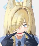  1girl animal_ear_fluff animal_ears black_gloves black_necktie blonde_hair blue_archive blue_eyes blue_halo blue_shirt blush close-up collared_shirt commentary fox_ears gloves hair_over_one_eye halo highres index_finger_raised kanna_(blue_archive) long_hair looking_at_viewer mouth_pull necktie one_eye_covered open_mouth sharp_teeth shiosai_73 shirt simple_background solo symbol-only_commentary teeth tongue twitter_username white_background 