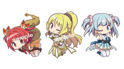  3girls akino_kaede autumn_leaves back_bow bare_shoulders black_arm_warmers black_footwear black_gloves black_shorts blonde_hair blue_bow blue_bowtie blue_choker blue_dress blue_eyes blue_footwear blue_hair blue_sash blunt_bangs blush_stickers boots bow bowtie braid brown_eyes buttons chest_jewel chibi choker clenched_hands closed_mouth clothing_cutout collar commentary_request cropped_shirt detached_collar dress earrings fleur-de-lis floating_clothes floating_hair frilled_dress frilled_jacket frilled_sleeves frills frown furrowed_brow gecchu gem gloves gold_earrings gradient_clothes gradient_dress green_hat green_shirt green_sleeves green_theme grey_scrunchie hair_ornament hair_scrunchie hand_on_own_chin hat hat_on_back high_heel_boots high_heels highres jacket jewelry leaf leaf_hair_ornament long_hair looking_at_viewer magia_record:_mahou_shoujo_madoka_magica_gaiden magical_girl mahou_shoujo_madoka_magica minami_rena multiple_girls navel off-shoulder_dress off_shoulder official_style open_clothes open_jacket orange_bow orange_bowtie orange_jacket pink_eyes pink_scrunchie ponytail red_gemstone red_hair sample_watermark sash scrunchie shirt short_dress short_hair short_sleeves shorts side_braids simple_background sleeveless sleeveless_jacket smile stomach_cutout striped_clothes striped_dress tareme thigh-highs togame_momoko triangle_earrings twin_braids two_side_up vertical-striped_clothes vertical-striped_dress very_long_hair waist_sash watermark white_background white_bow white_collar white_footwear white_jacket white_sleeves white_thighhighs white_wrist_cuffs witch_hat wrist_cuffs 