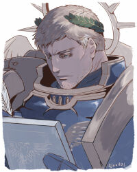  1boy armor artist_name blonde_hair blue_eyes closed_mouth english_commentary holding holding_tablet_pc imperium_of_man laurel_crown male_focus pauldrons primarch roboute_guilliman short_hair shoulder_armor simple_background sjax001 solo tablet_pc ultramarines upper_body warhammer_40k white_background 