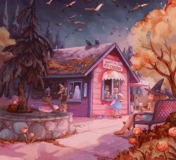  1other 5girls angel_wings animal_ears animated animated_gif autumn_leaves bench bird blonde_hair blue_dress capelet cat_tail commentary costume crow denim denim_shorts dress ears_through_headwear english_commentary english_text flower food forest ghost_costume goose grass hair_bun halloween_costume hat holding holding_ice_cream_cone ice_cream ice_cream_cone leaf mask menu_board mini_wings mouth_mask multiple_girls nature night night_sky on_bench open_window original park_bench pavement pink_dress planter ponytail red_flower restaurant sandals sarah_webb shirt shorts sign single_hair_bun sitting sky standing striped_clothes striped_shirt surgical_mask tail too_many too_many_birds tree weeds window wings witch_hat 