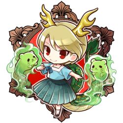 1girl antlers blonde_hair blue_bow blue_shirt bow chibi chibi_only closed_mouth commentary_request dragon_tail full_body green_skirt horns kicchou_yachie looking_at_viewer otter_spirit_(touhou) outstretched_arm pleated_skirt red_eyes shirt short_hair short_sleeves skirt smile socha solo tail touhou transparent_background v-shaped_eyebrows 