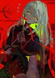  1girl ascot bang_dream! bang_dream!_it's_mygo!!!!! bird black_capelet capelet commentary cracked_skin empty_eyes goose goose_g green_brooch green_hair hashtag-only_commentary highres long_hair looking_at_viewer mortis_(bang_dream!) parted_lips red_background red_shorts shorts solo wakaba_mutsumi white_ascot yellow_eyes 