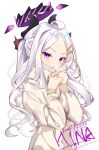  1girl absurdres black_horns blue_archive blush boqee demon_horns fur-trimmed_jacket fur_trim halo highres hina_(blue_archive) horns jacket long_hair long_sleeves open_mouth parted_bangs simple_background solo upper_body very_long_hair violet_eyes white_background white_hair white_jacket 