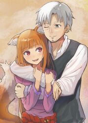  1boy 1girl absurdres animal_ear_fluff animal_ears black_shirt blush brown_fur brown_hair brown_tail craft_lawrence facial_hair grey_eyes hands_on_another&#039;s_arm hetero highres holo hug kero_(tomoki-tiger) light_blush long_hair looking_at_another one_eye_closed purple_shirt sharp_teeth shirt spice_and_wolf tail teeth white_hair white_sleeves wolf_ears wolf_girl wolf_tail 