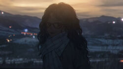  1girl absurdres black-framed_eyewear black_hair blurry blurry_background bokeh brown_eyes closed_mouth coat curly_hair depth_of_field glasses highres jacket long_hair looking_at_viewer original outdoors scarf sky smile solo upper_body wang-xi wavy_hair 