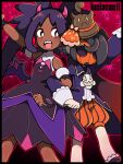  1boy 1girl allister_(fall_2022)_(pokemon) allister_(pokemon) black_border border brown_headwear collared_jacket dark-skinned_female dark_skin dress fake_horns fake_wings fangs highres horns iris_(fall_2022)_(pokemon) iris_(pokemon) jacket locked_arms luciacacti mask official_alternate_costume open_mouth pokemon pokemon_(game) pokemon_masters_ex purple_dress red_eyes watermark wings wrist_cuffs 