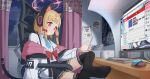 1girl absurdres animal_ear_headphones animal_ears black_skirt black_thighhighs blonde_hair blue_archive blue_necktie calendar_(object) cat_tail cellphone chair collared_shirt cup curtains dsfr fake_animal_ears halo headphones highres holding holding_phone jacket momoi_(blue_archive) monitor mouse_(computer) necktie phone pink_halo pleated_skirt red_eyes shirt short_hair sitting skirt smartphone solo tail thigh-highs two-sided_fabric two-sided_jacket white_shirt window 