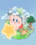  :d arm_up awoofy blue_background blue_eyes blush blush_stickers building city clouds commentary_request flower grass guarani_(muku_6930) kirby kirby_(series) kirby_and_the_forgotten_land looking_at_viewer no_humans open_mouth overgrown pink_flower railing riding rock simple_background smile sparkle star_(symbol) star_block tree warp_star waving 
