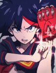  1girl arm_up artist_name black_hair black_sailor_collar black_shirt blue_eyes fingerless_gloves gloves hand_up highres kill_la_kill matoi_ryuuko multicolored_hair nitro0516 red_gloves redhead sailor_collar senketsu shirt solo sparkle streaked_hair teeth torn_clothes torn_shirt two-tone_hair upper_body 