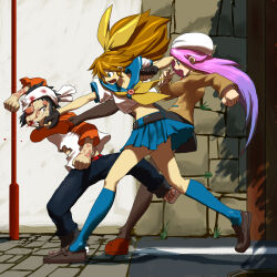  1boy 2girls asakura_teppei beating black_thighhighs blazer blood blood_on_face blue_sailor_collar blue_skirt blue_socks bow bruise bruise_on_face commentary_request crossover dra+koi fighting fingerless_gloves gloves hat headband heroine_(dra+koi) horns imminent_punch injury jacket kasutank kicking long_hair long_sleeves looking_at_another m.u.g.e.n multiple_girls neckerchief open_mouth orange_sleeves original pink_hair punching ribbon road ryuko_(oggyoggy) sailor_collar school_uniform serafuku shirt single_horn skirt socks stone_wall street thigh-highs torn_clothes torn_shirt two-tone_shirt white_hat white_headband yellow_bow yellow_neckerchief yellow_ribbon 