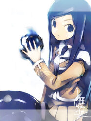  1girl bad_id blue_eyes blue_hair brown_jacket brown_skirt closed_mouth commentary_request copyright_name dark_blue_hair frown fuuka_academy_school_uniform jacket kei_(keigarou) kuga_natsuki long_hair long_sleeves miniskirt my-hime pleated_skirt school_uniform skirt solo swept_bangs 