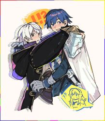  !? 1girl 2boys ? ?? armor arms_around_neck belt blue_eyes blue_hair blue_shirt blush border cape chest_belt chinese_commentary chrom_(fire_emblem) coat colored_speech_bubble commentary_request cropped_legs dark_blue_hair dot_nose embarrassed father_and_daughter fire_emblem fire_emblem_awakening hair_intakes halftone highres hood hood_down hooded_coat image_in_speech_bubble implied_yaoi long_sleeves looking_at_another lucina_(fire_emblem) multiple_boys olopheris open_mouth out_of_frame pauldrons pink_eyes robin_(fire_emblem) robin_(male)_(fire_emblem) shirt shirt_tucked_in shoulder_armor simple_background single_pauldron speech_bubble white_background white_belt white_cape white_hair white_shirt wrist_cuffs yaoi 