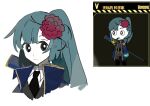  1girl asymmetrical_bangs black_eyes black_necktie blue_coat blue_hair blunt_bangs chinese_commentary chinese_text closed_mouth coat collared_coat collared_shirt commentary_request e.g.o_(project_moon) employee_(lobotomy_corporation) flower frown game_screenshot_inset gold_trim grey_jacket gun hair_flower hair_ornament high_collar highres jacket lobotomy_corporation long_hair looking_at_viewer necktie pink_flower plant project_moon shirt shotgun side_ponytail upper_body v-neck vines weapon weapon_on_back white_background white_shirt youshiyu 