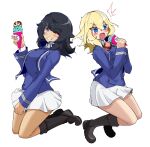  2girls ^^^ absurdres andou_(girls_und_panzer) baskin-robbins bc_freedom_military_uniform black_eyes black_footwear black_hair blonde_hair blue_eyes blue_jacket blue_vest blush boots commentary dark-skinned_female dark_skin dress_shirt floating food frown girls_und_panzer grin hair_over_one_eye high_collar highres holding holding_food ice_cream_cone jacket knee_boots legs_up long_sleeves looking_at_viewer medium_hair messy_hair military_uniform miniskirt multiple_girls open_mouth oshida_(girls_und_panzer) pleated_skirt shibainutank shirt simple_background skirt smile spill sweatdrop uniform vest white_background white_shirt white_skirt 