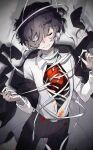  1boy absurdres bandaged_neck bandages black_coat black_hair black_pants blood blood_on_clothes bungou_stray_dogs closed_eyes coat collared_shirt cowboy_shot dazai_osamu_(bungou_stray_dogs) hands_up heart_(organ) highres long_sleeves male_focus off_shoulder open_clothes open_shirt pants rinu shirt short_hair smile solo standing white_background white_shirt 
