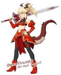  1girl animal_ears black_nails black_thighhighs blonde_hair boots braid clarent_(fate) colored_skin detached_sleeves dragon dragon_ears dragon_girl dragon_horns dragon_tail fang fate/grand_order fate_(series) fingernails french_braid grin high_heel_boots high_heels highres holding holding_sword holding_weapon horns long_fingernails midriff mordred_(fate) over_shoulder pelvic_curtain pointy_ears ponytail puffy_detached_sleeves puffy_sleeves red_footwear red_skin red_skirt red_sleeves sharp_fingernails shirt skirt sleeveless sleeveless_shirt smile solo sprite sword sword_over_shoulder tail theneonflower thigh-highs turtleneck_shirt weapon weapon_over_shoulder 