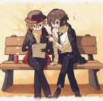  2boys bandage_over_one_eye bandaged_arm bandages bench black_eyes black_gloves black_hair black_headwear black_jacket black_necktie black_pants blue_eyes bungou_stray_dogs can collared_shirt crossed_legs dazai_osamu_(bungou_stray_dogs) fedora full_body gloves hand_up hat highres holding holding_can jacket jacket_on_shoulders long_sleeves male_focus multiple_boys nakahara_chuuya necktie open_mouth orange_hair pants rinu shirt short_hair sitting smile white_shirt 