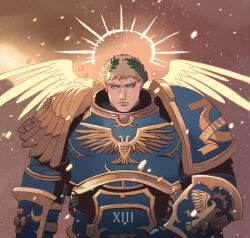  1boy armor blonde_hair blue_eyes closed_mouth english_commentary halo imperium_of_man laurel_crown looking_at_viewer male_focus pauldrons primarch roboute_guilliman short_hair shoulder_armor sjax001 solo ultramarines upper_body warhammer_40k wings 