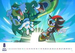  2boys absurdres blue_background blue_eyes calendar_(medium) explosion eyewear_on_head furry furry_male gloves hayane_tomoko highres hoverboard jet_the_hawk male_focus multiple_boys official_art one_eye_closed open_mouth red_eyes red_footwear shadow_the_hedgehog shadow_the_hedgehog_(riders) sonic_(series) sonic_free_riders sonic_riders sonic_riders_(series) tinted_eyewear watermark white_fur white_gloves yellow-tinted_eyewear 