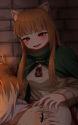  1boy 1girl absurdres animal_ears blue_eyes blush brown_hair cape craft_lawrence green_cape hetero highres holo indoors lap_pillow long_hair pouch red_eyes sirata_maru000 smile spice_and_wolf sweat tail wolf_ears 