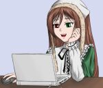  1girl brown_hair computer dress evil_smile green_dress green_eyes hat heterochromia laptop long_hair non-web_source red_eyes simple_background smile smug solo suiseiseki 