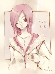  1girl 2005 ;( bad_id cigarette closed_mouth collarbone commentary_request frown glasses hair_ornament hairclip holding holding_cigarette jacket jewelry kei_(keigarou) long_sleeves medium_hair nanako_(kei) necklace one_eye_closed original pink_eyes pink_hair ring smoke solo white_jacket zipper zipper_pull_tab 