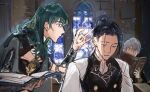  1girl 2boys armor ashe_ubert blue_eyes blue_hair book bracer brick_wall byleth_(female)_(fire_emblem) byleth_(fire_emblem) cape closed_eyes felix_hugo_fraldarius fire_emblem fire_emblem:_three_houses flick flying_sweatdrops freckles garreg_mach_monastery_uniform green_eyes grey_hair highres long_hair long_sleeves medium_hair multiple_boys open_book paper ribelle0804 sleeping window zzz 