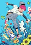  1boy bishounen blue_background bottle car cat character_request commentary copyright_request denim english_commentary fish floating flower food frog fruit highres jeans lower_teeth_only male_focus motor_vehicle original pants redhead shirt skateboarding solo sunflower teeth water_bottle white_shirt zngo 