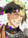  1boy absurdres achilles_(fate) anniversary armor black_gloves black_shirt confetti fate/grand_order fate_(series) gloves grin haruakira highres looking_at_viewer male_focus mature_male orange_eyes orange_sash ribbed_shirt shirt short_hair simple_background smile solo undercut upper_body white_background 