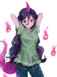 1girl closed_mouth cowboy_shot green_shirt green_shorts himuhino horns long_hair purple_hair purple_horns purple_tail red_eyes shirt short_sleeves shorts simple_background single_horn smile solo tenkajin_chiyari touhou white_background