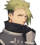  1boy achilles_(fate) armor brown_eyes clenched_hand closed_mouth fate/apocrypha fate_(series) gauntlets haruakira highres looking_at_viewer male_focus mature_male portrait shirt_grab short_hair sideburns simple_background solo turtleneck undercut white_background 