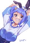  1girl animal_ears black_hairband blue_eyes blue_hair blue_shirt bow breasts brown_bow collarbone dutch_angle fake_animal_ears grin hair_bow hairband hand_on_own_ear highres hirogaru_sky!_precure long_sleeves looking_at_viewer medium_breasts precure pulling_own_ear rabbit_ears shirt side_ponytail simple_background smile solo sora_harewataru upper_body white_background white_shirt yuuzii 